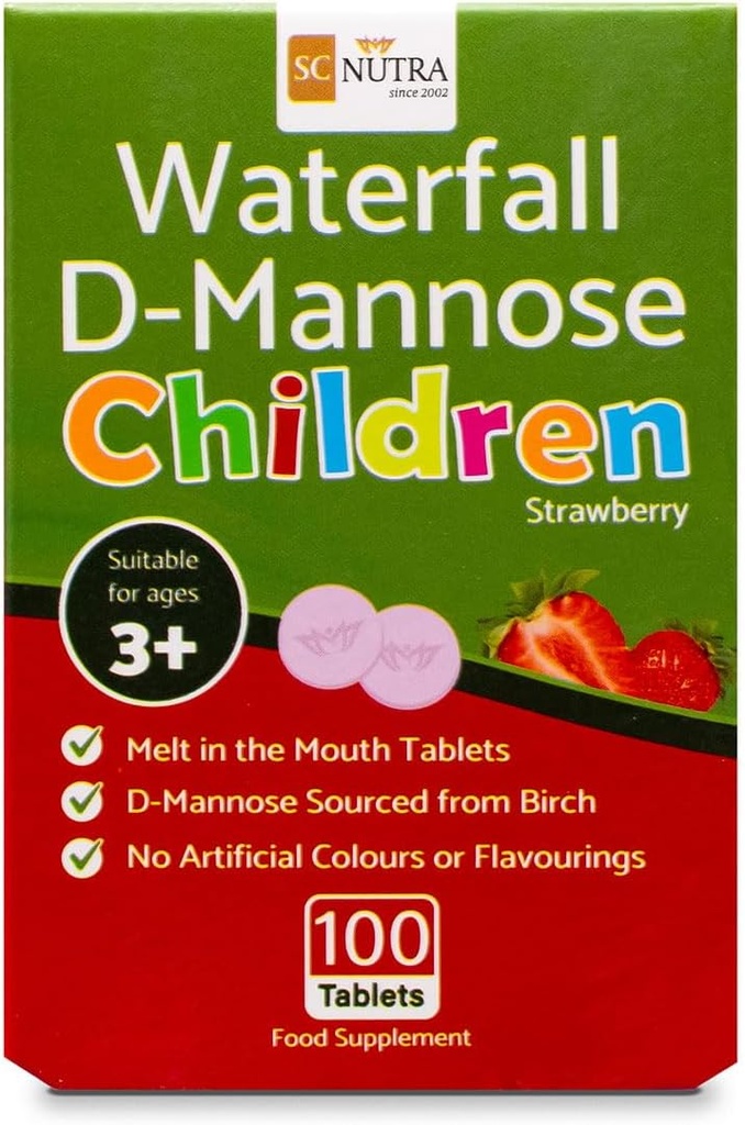 Vandfald D- Mannose Børn smelte i munden tabletter med et strejf af jordbær. Egnet til drenge & piger, 3 År + Budding124; 100 Greve