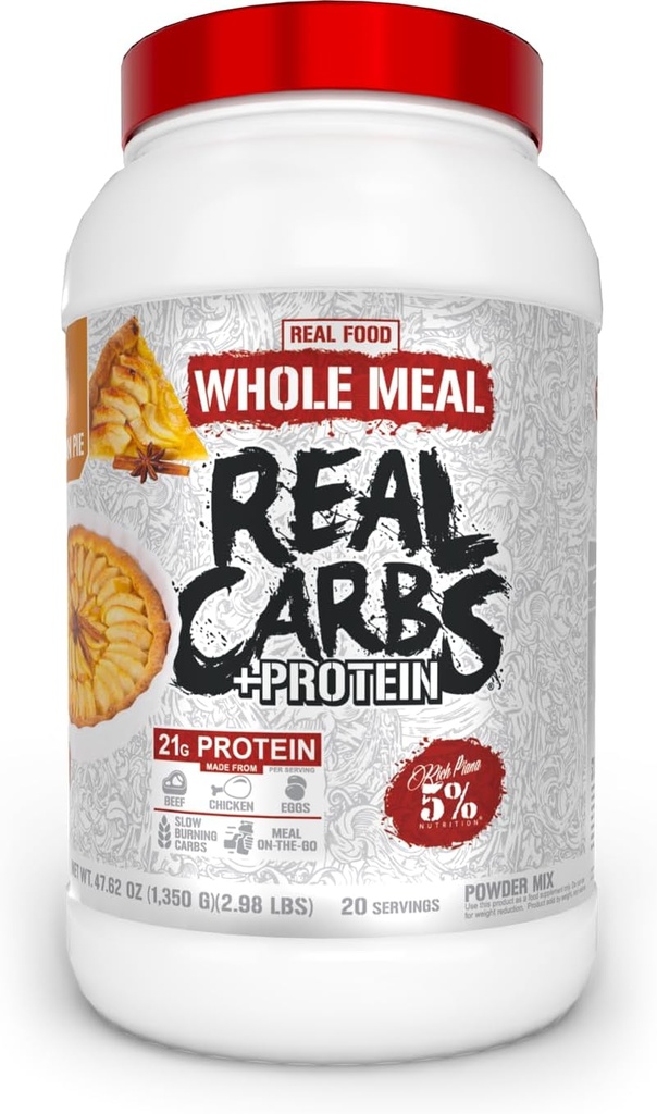 5% Nutrition Rich Piana Real Carbs + Protein Yester124; Clean Mass Gainer Meal Erstatning Protein Powder Yester124; Carbohydrat til Pre Workout / Post- Workout Recovery Meal Meal 124; 2,9 LB, 20 Servering (Apple Kanel Pie)