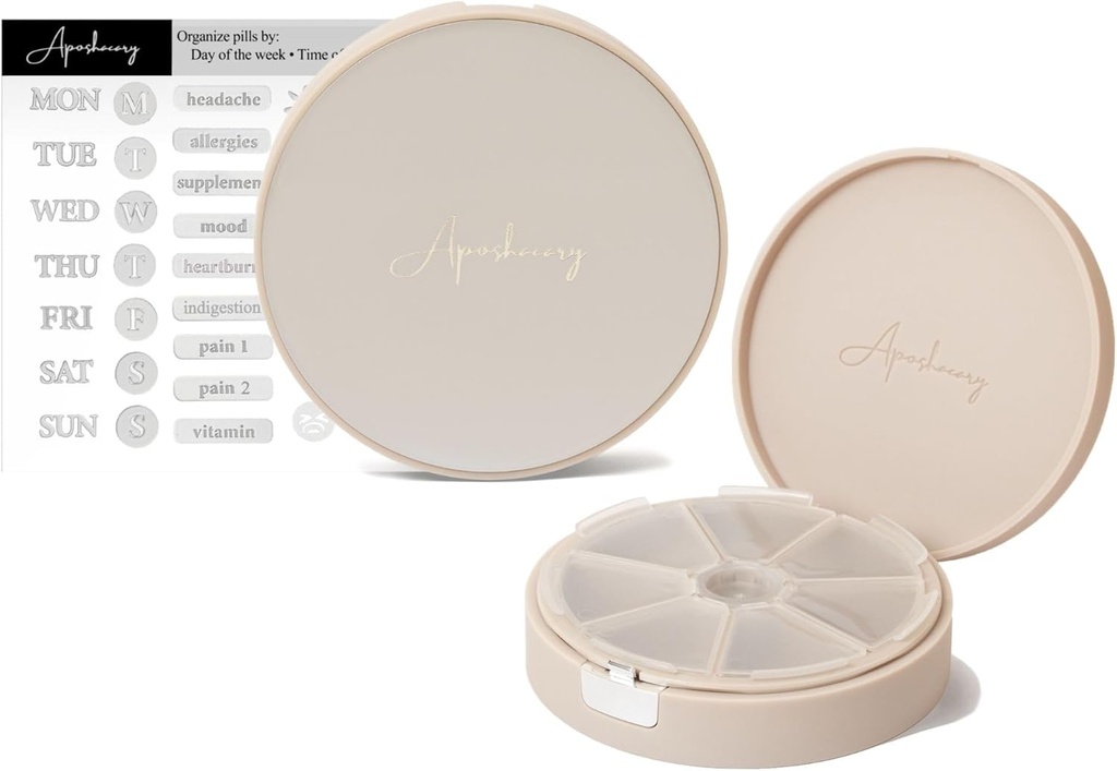 7 Compartments Pill Case, Pill Box, Daily Pill Organizer, Travel Pill Organizer, Medication Organizer, Customizable Pill Dispenser med Label Stickers (Pearl Cream)