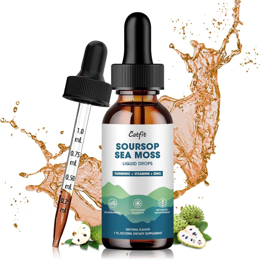 Soursop Graviola Liquid Drop, Soursop blade Uddrag med Sea Moss & Turmerisk, Graviola Soursop Bitters Liquid for Cell Support & Regeneration, Lever, Slap af, immun og antioxidant Support, 1 Fl Oz