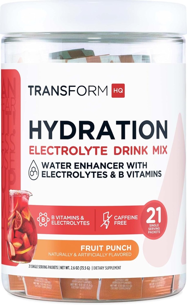 TransformHQ Hydration Drink Mix (21 Single-Serving Packets, Fruit Punch) - Hydration Supplement Blend med vitaminer og elektrolytter