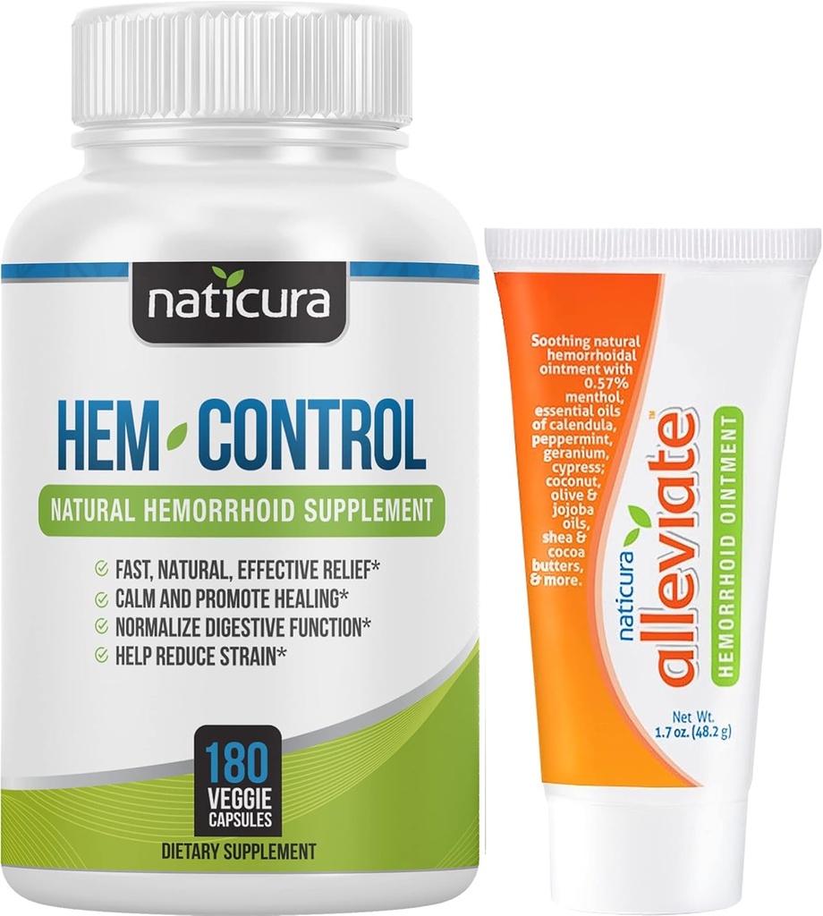 Bundle - Hem- Control Vegansk fordøjelsesstøtte supplement (180 greve) og Allevate Natural Hæmorhoid Relief Cream til brænding, klø og hævelse (1.7 oz) Plus 2 Travel- Size Tubes