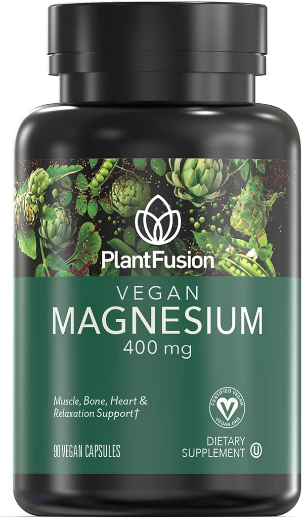 PlantFusion Vegan Magnesium 400 mg Dietary Supplement, Muscle, Bone, Heart & Relaxation Support, 90 Vegan Capsules