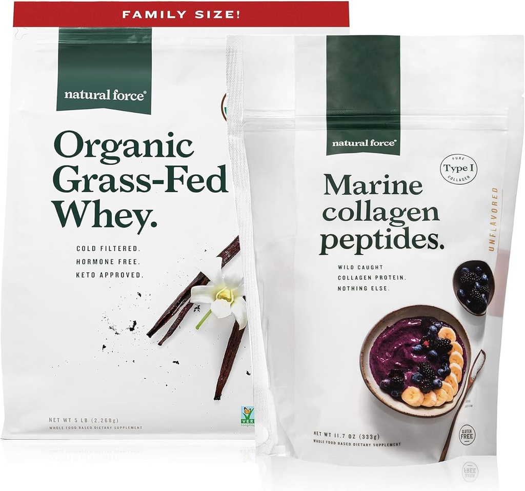 Naturlig kraft Græs Fed Økologisk Whey Protein Powder Vanilla Flavor 5 LB Clean Marine Collagen Powder 11.7 oz