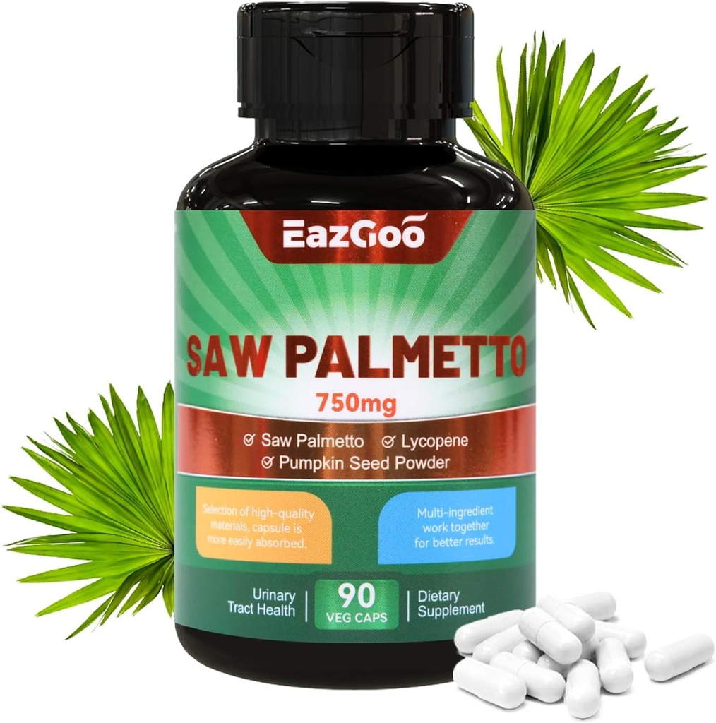 Saw Palmetto Supplement, Saw Palmetto Extract 750mg, with Lycopene, Pumpkin Seed Powder, for mænd og kvinder, non-GMO 'er & gluten, Vegan, 90 Count Capsules