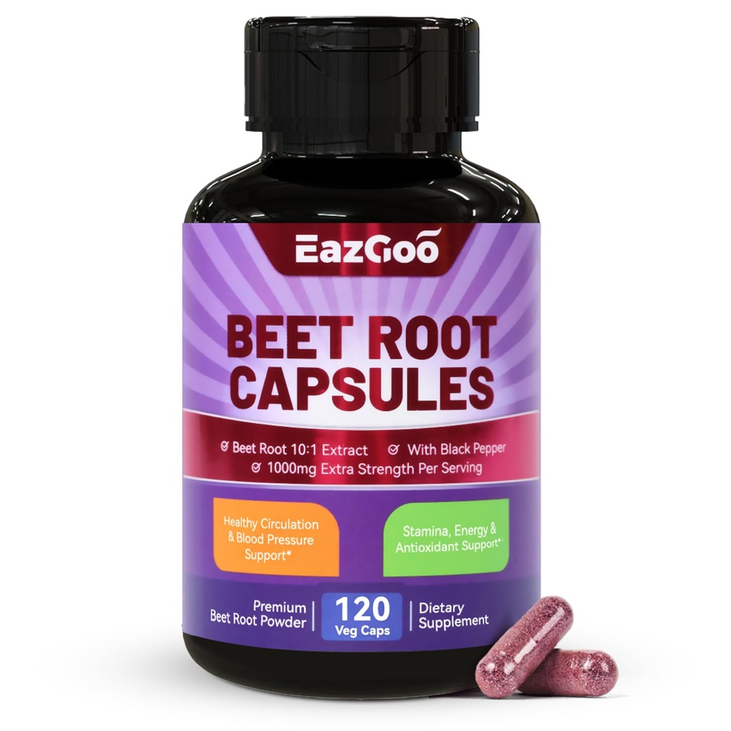 Beet Root Capsules 1000mg Per Serving, Understøtter nitrogenoxid produktion og blodtryk, med sort peber ekstrakt, non-GMO, Gluten Free, Vegan - 120 Tællere