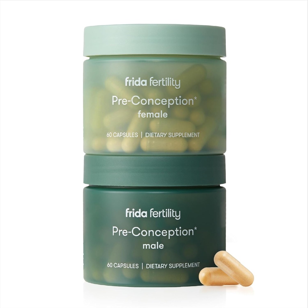 Frida Fertilitet Pre- Conception Supplement Set, Hans & Hendes Daglige Vitaminer & Mineraler for Fertilitet, Egg Support & Sperm Sundhed, Folinsyre, Inositol, CoQ10, 60 kapsler Hver, 30 dages forsyning
