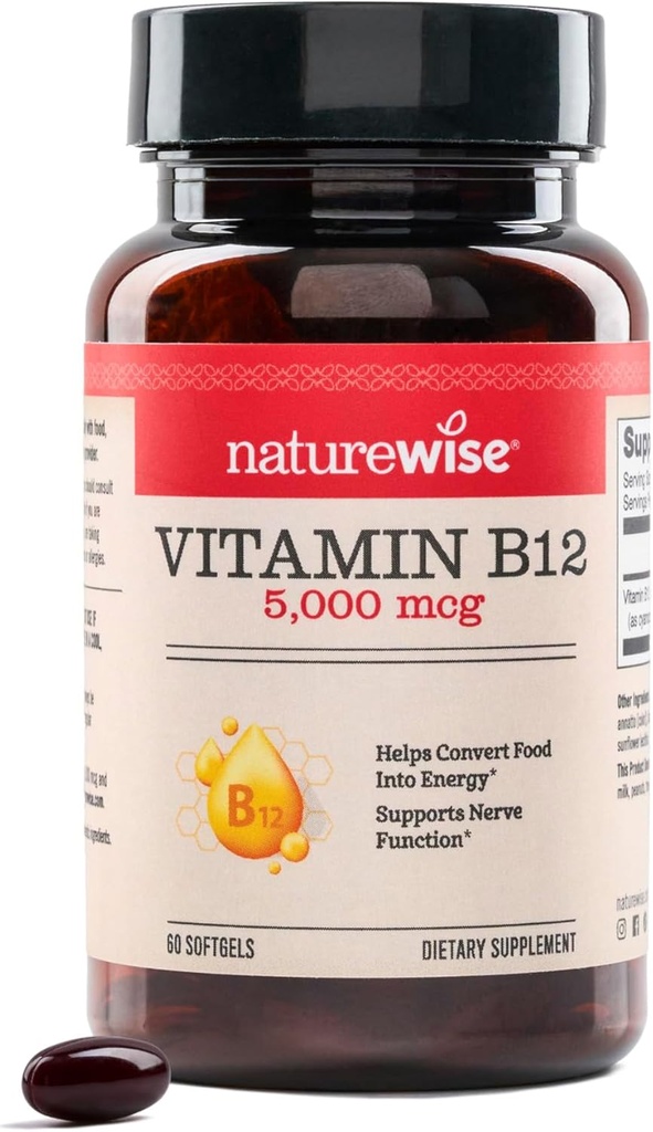 NatureWise Vitamin B12 5000 mcg - Ekstra styrke - Supplement til støtte energi niveauer, mental Klarhed, nervesystem sundhed - Easy- to- Swallow, Soy og Gluten- Gratis, non-GMO - 60 Softgels