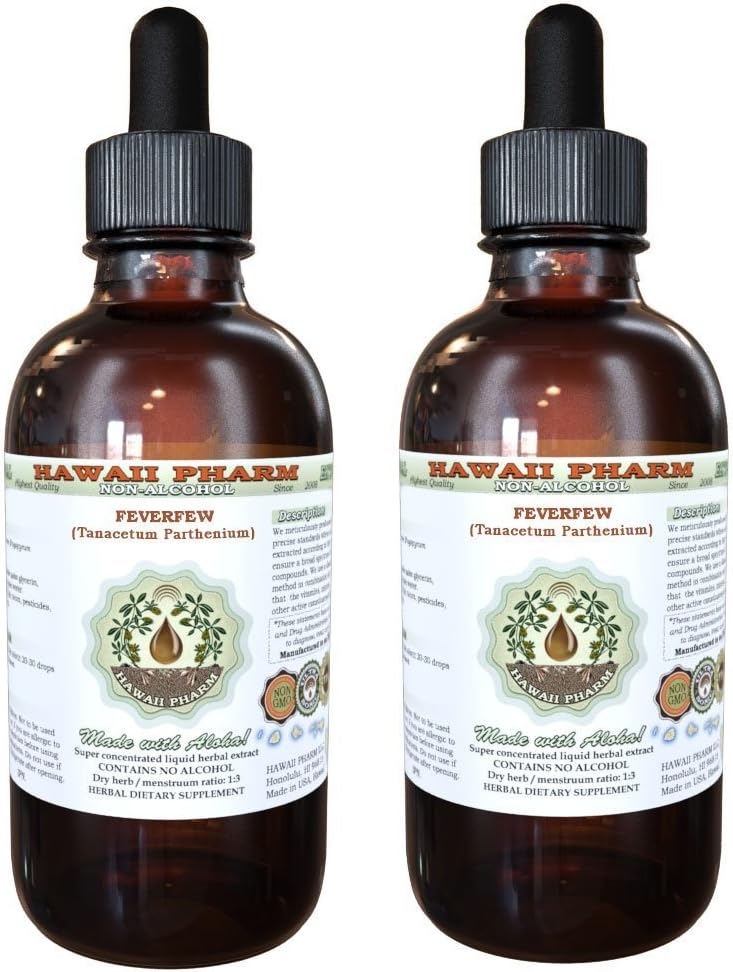Fevermoney Alkohol- Free Liquid Extract, Organic Fevermoney (Tanacetum parthenium) Tørret Herb Glycerite Hawaii Pharm Natural Herbal Supplement 2x4 oz