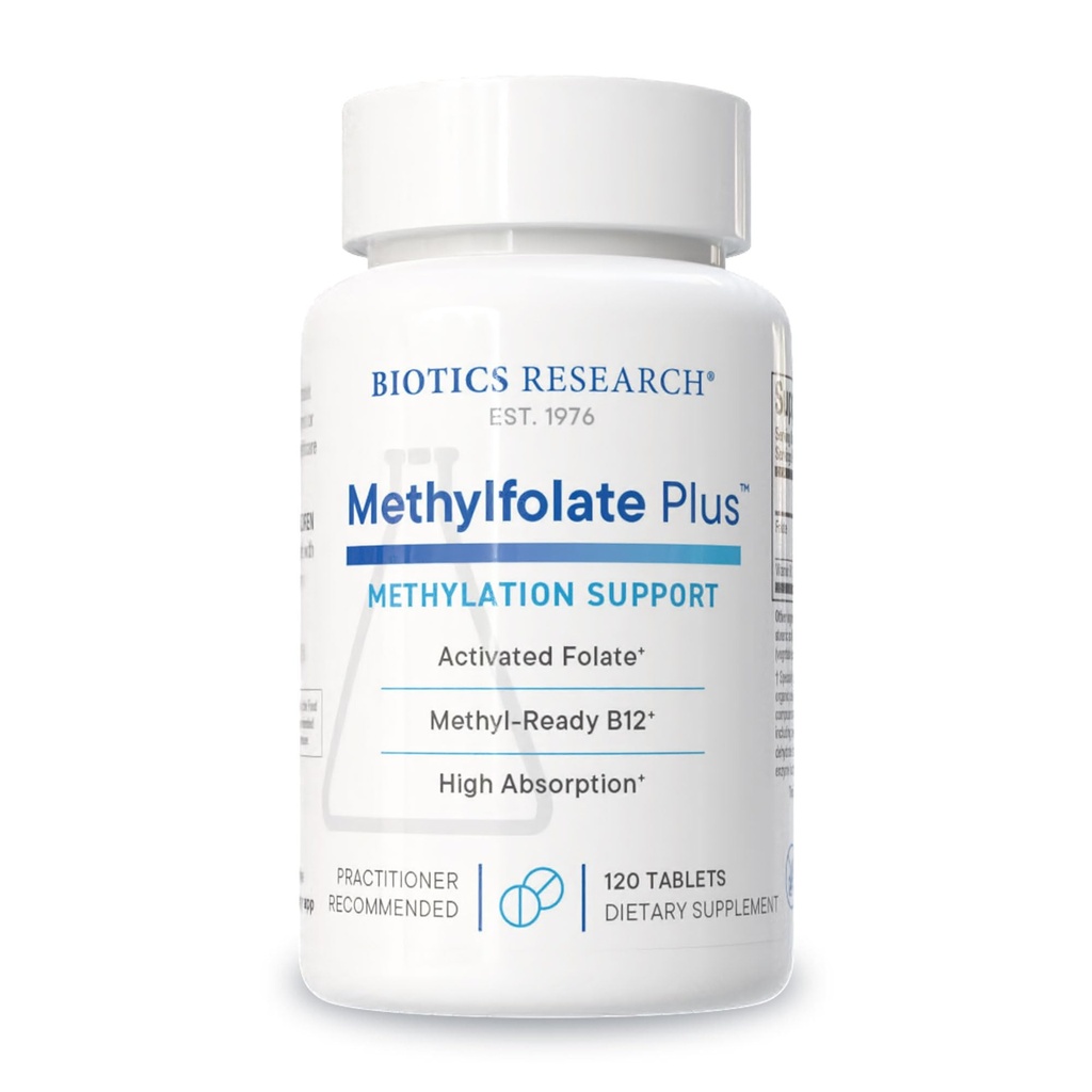 Bioetik Forskning METHYLFOLAT Plus ™ Methylfolfolat, Bioactive Folate + B12, Understøtter kardiovaskulær sundhed, føtal udvikling, nervesundhed, metylering support, homocystein niveauer. 120 tabletter