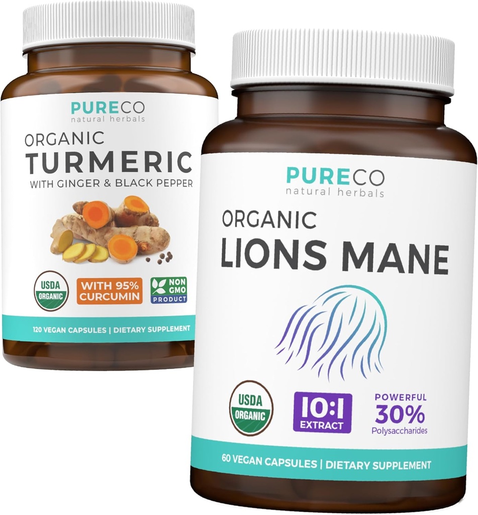Gurkemeje & Lions Mane (1 - Måned Supply) Mindful Gurkemeje af Økologisk Gurkemeje med Sort Peber & Ingefær (120 Caps) & Økologiske Lions Mane Mushroom 10: 1 Uddrag (60 Caps)
