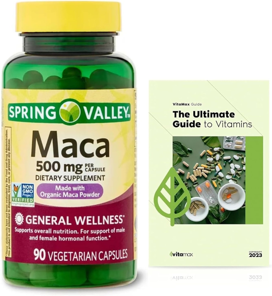 Generic Spring Valley Maca Root 500mg Capsules, Organic Maca Root for Women and Men + Exclusive VitaMax Vitamin Guide (2 Items)