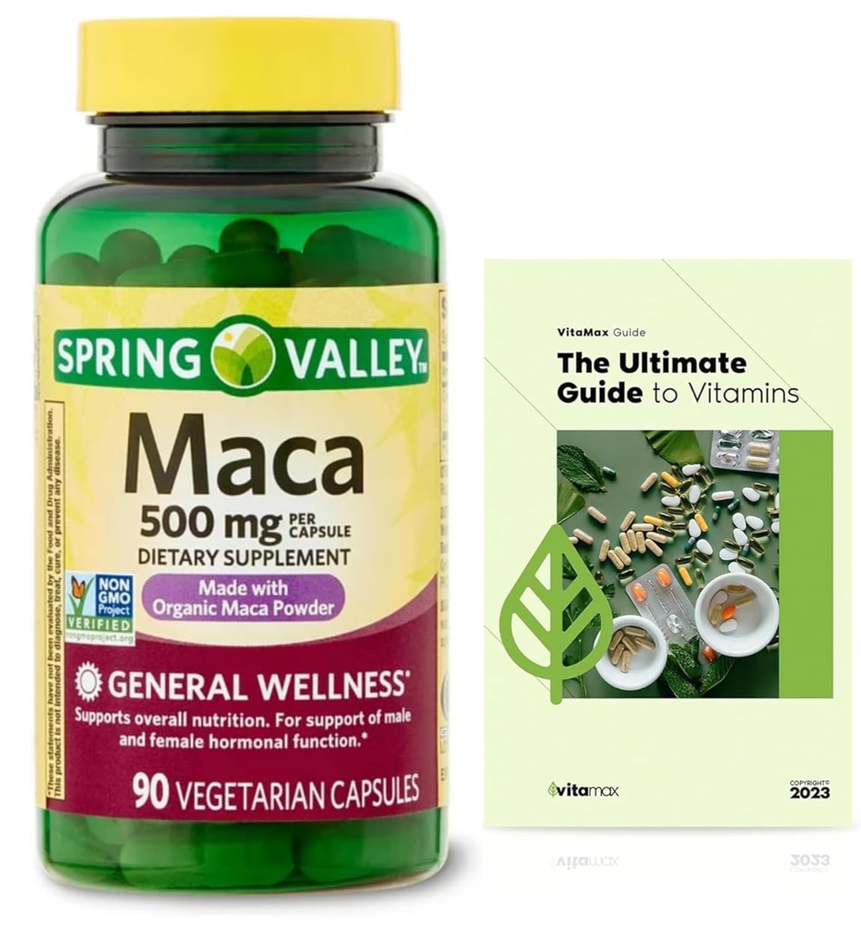 Generisk Spring Valley Maca Root 500mg kapsler, Organic Maca Root til kvinder og mænd + Eksklusiv VitaMax Vitamin Guide (2 genstande)
