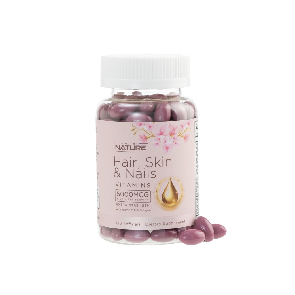 Hår hud og negle Vitaminer - 5000mcg biotin med C-vitamin, E, Collagen, Hyaluronsyre, Argan & Kokosolie - Luscious hårvækst & Strålende hudsupplement til kvinder - 120 Softgels