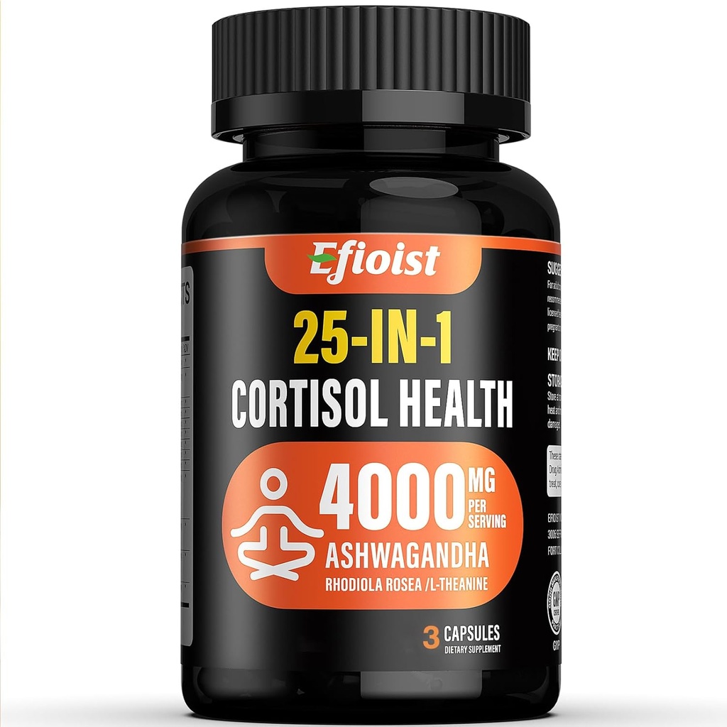 Cortisol Health Supplement, 25- in-1 Cortisol Reducer for kvinder & mænd, Cortisol Kosttilskud til med Ashwagandha, Rhodiola Rosea, L- Theanin, 3 Kapsler