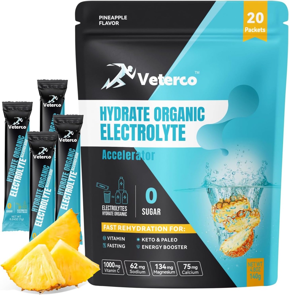 Hydration Electrolyte Powder, Electrolyte Drink, Hydration Supplement Drink Mix, Hydration Pakninger med Vitamin & Mineral, Keto Friendly, Vegan, Non- GMO, Ingen Sukker, Ananas Arv (20 Sticks)
