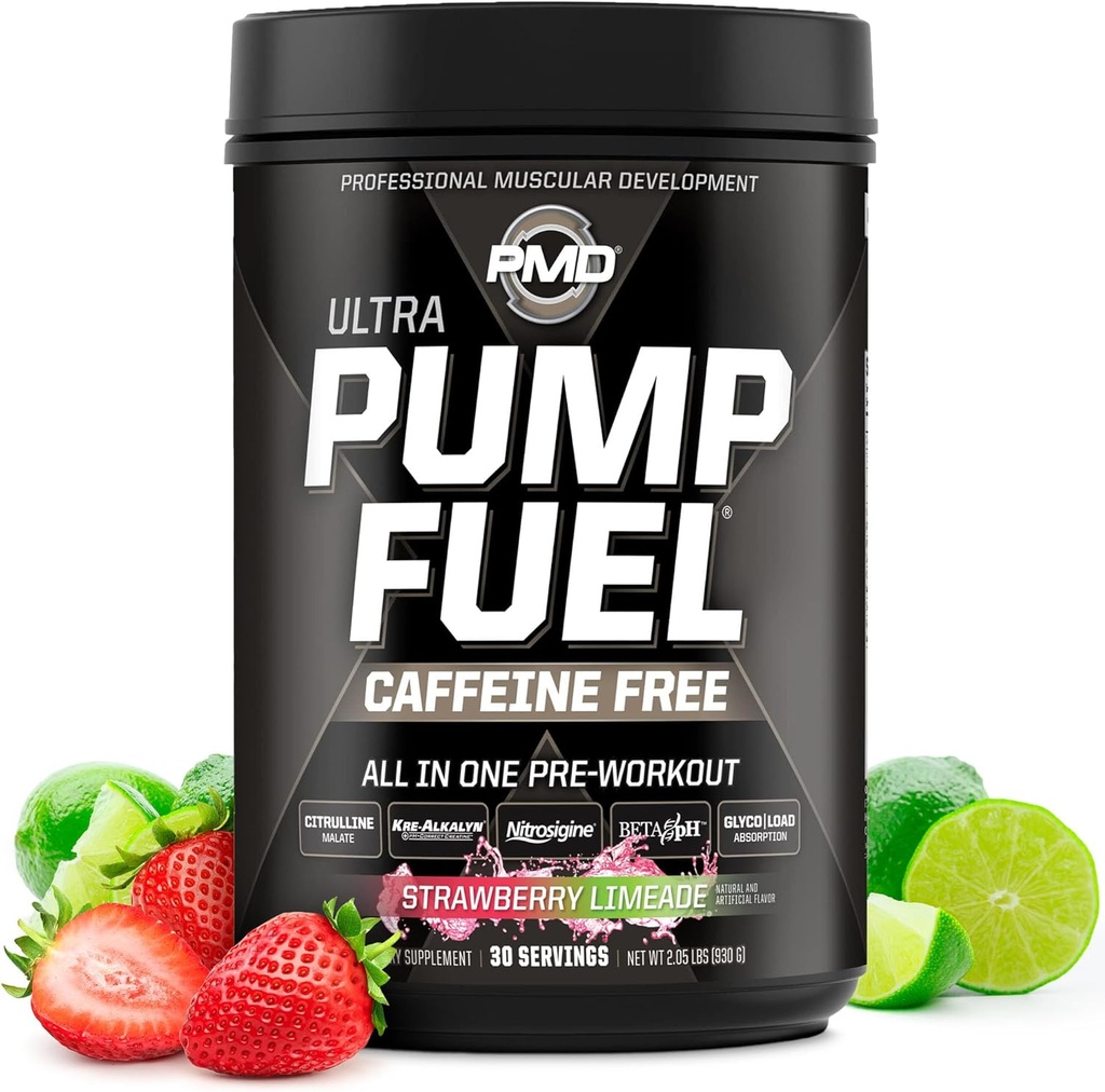 PMD Sports Pump Fuel Ultra Coffein Free - Premium Pre Workout Powder & Muscle Pump, Greater Focus, Endurance & Recovery, Premium Creatin, Arginin & Beta Alanine - Strawberry Limeade (30 Servere)