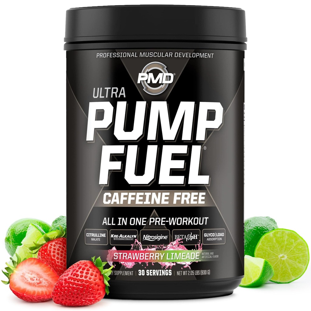 PMD Sports Pump Fuel Ultra Coffein Free - Premium Pre Workout Powder & Muscle Pump, Greater Focus, Endurance & Recovery, Premium Creatin, Arginin & Beta Alanine - Strawberry Limeade (30 Servere)