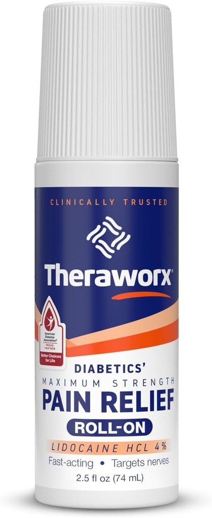 Theraworx Maksimal styrke Diabetikere 'Smerte Relief Roll-On med Lidocain - 2,5 oz - 1 Tæl