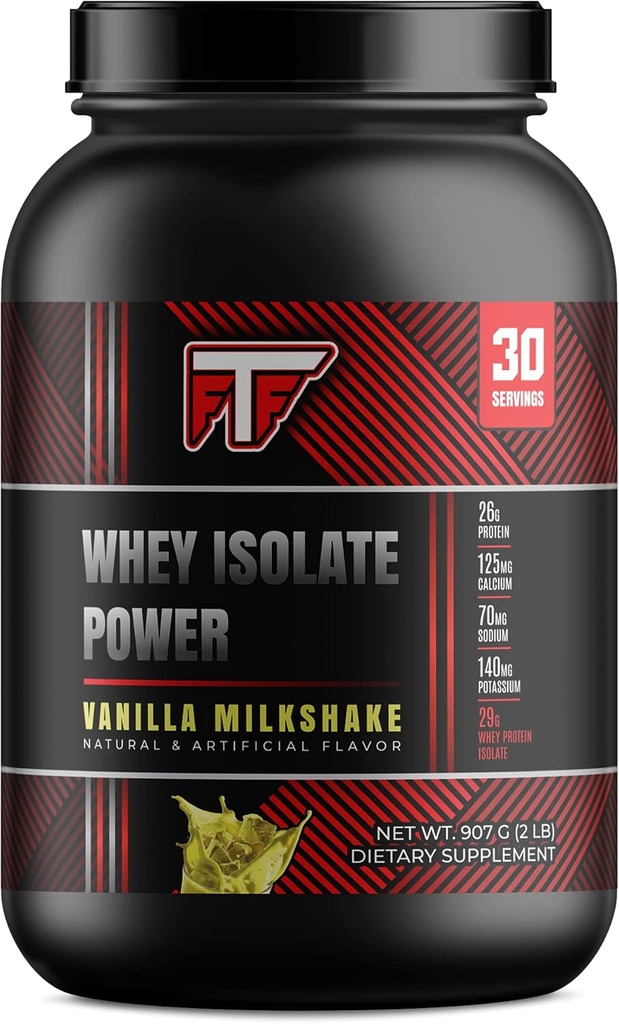 Whey Isolate Power Vanilla Milkshake, 26g af 100% Whey Protein Isolate per Servering til at opbygge Lean Muscle -Vanilla Milkshake, 2lb- 30 Serveringer