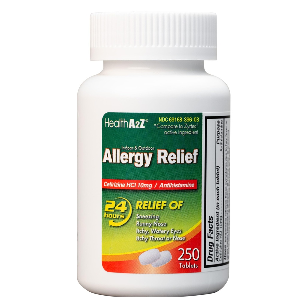 HealthA2Z ® Allergy Relief • 124; Cetirizine 10mg • 124; Hele dagen • Allergy Relief • 124; Indendørs & Udendørs • 124; Relief from Itchy That, Nysen, Runny Noses (250 Greve (pakke med 1))