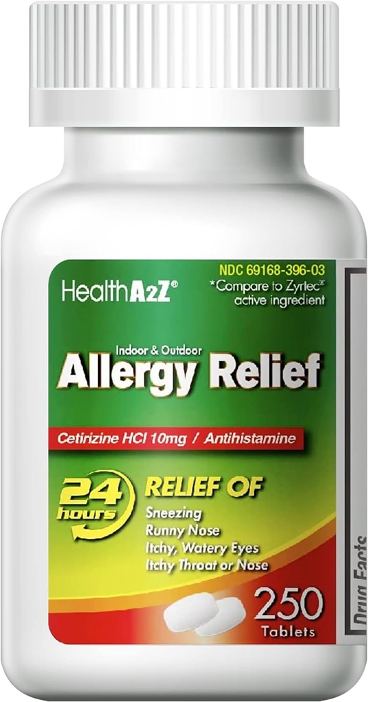 HealthA2Z ® Allergy Relief • 124; Cetirizine 10mg • 124; Hele dagen • Allergy Relief • 124; Indendørs & Udendørs • 124; Relief from Itchy That, Nysen, Runny Noses (250 Greve (pakke med 1))