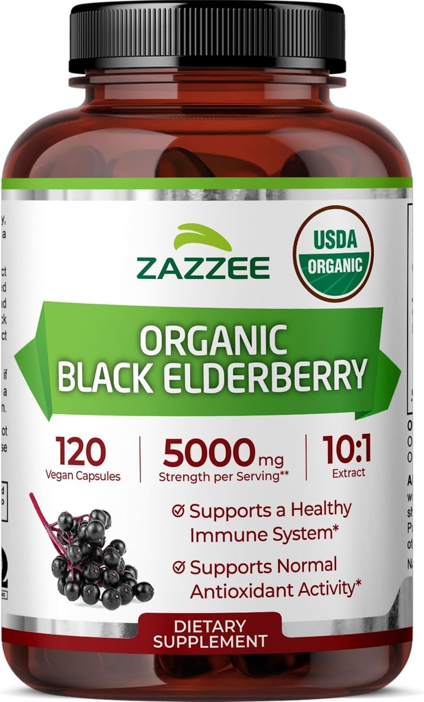 Zazzee USDA Organic Black Elderberry 10: 1 Extract, 5000 mg Strength, 120 Vegan Capsules, 2 Måned Supply, Standardized, Concentrated 10X Extract, 100% Vegetar, All- Natural, Non- GMO, Made in the USA
