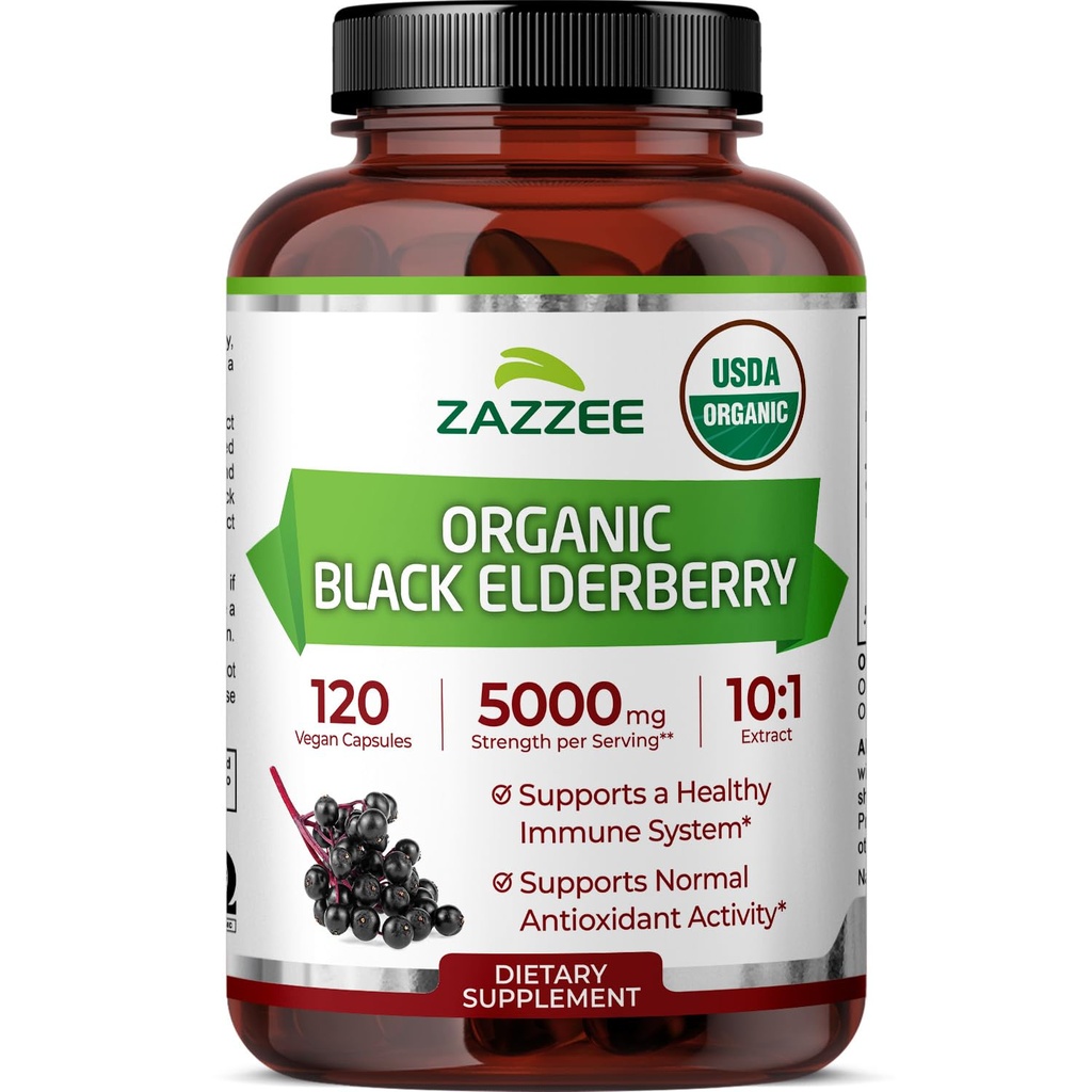 Zazzee USDA Organic Black Elderberry 10: 1 Extract, 5000 mg Strength, 120 Vegan Capsules, 2 Måned Supply, Standardized, Concentrated 10X Extract, 100% Vegetar, All- Natural, Non- GMO, Made in the USA