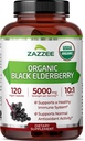 Zazzee USDA Organic Black Elderberry 10: 1 Extract, 5000 mg Strength, 120 Vegan Capsules, 2 Måned Supply, Standardized, Concentrated 10X Extract, 100% Vegetar, All- Natural, Non- GMO, Made in the USA