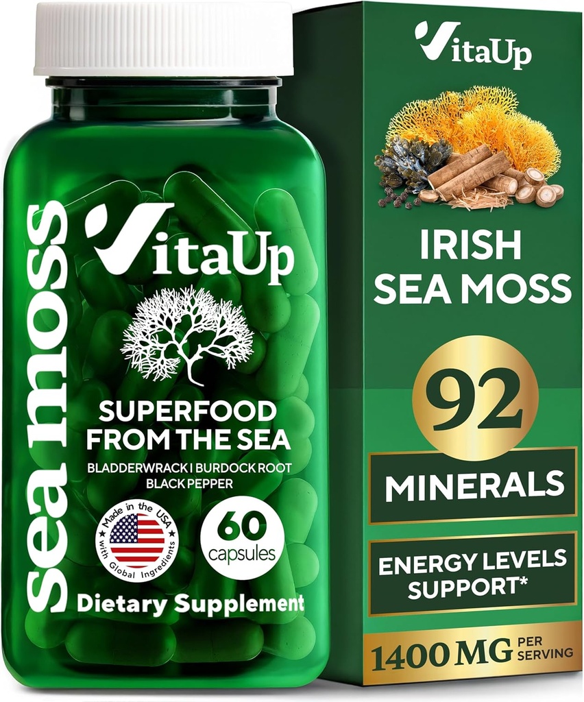 Fremstillede Irske Hav Moss Kapsler med Burdock Root & Bladderwrack - USA Made Sea Moss Avanceret til hår, hud, immunforsvar & energiniveauer Support - SeaMoss Pills - 60 Veganske Kapsler