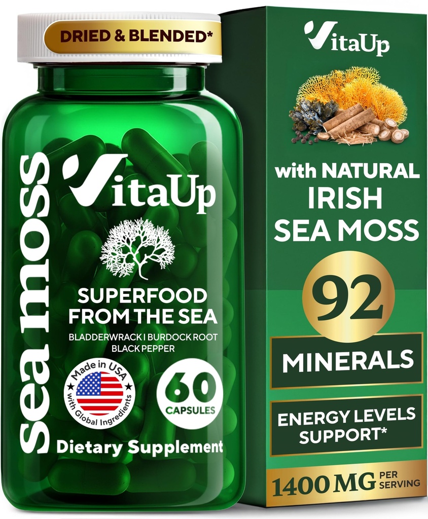 Fremstillede Irske Hav Moss Kapsler med Burdock Root & Bladderwrack - USA Made Sea Moss Avanceret til hår, hud, immunforsvar & energiniveauer Support - SeaMoss Pills - 60 Veganske Kapsler