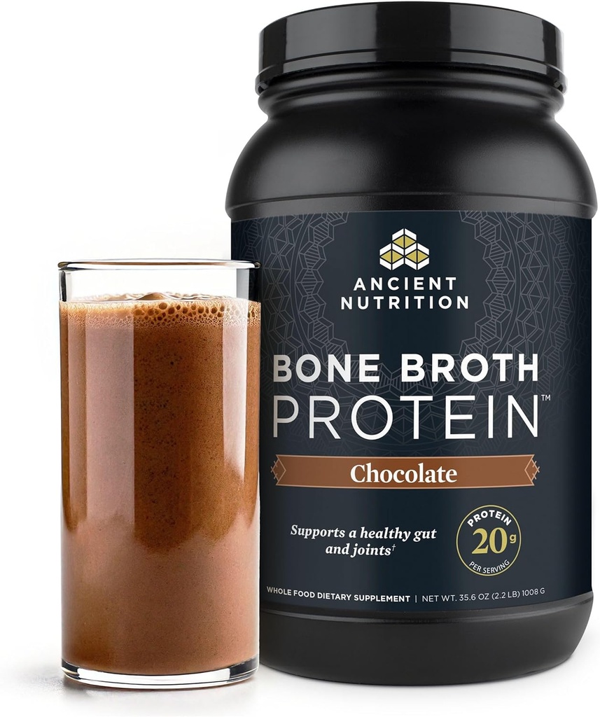 Ancient Nutrition Grass Fed, Cage Free, Bone Broth Protein Powder, 20g Protein, Hydrolyzed Collagen Peptider, Keto & Paleo Friendly, Understøtter Joint, Gut Sundhed, Chokolade, 40 Servere