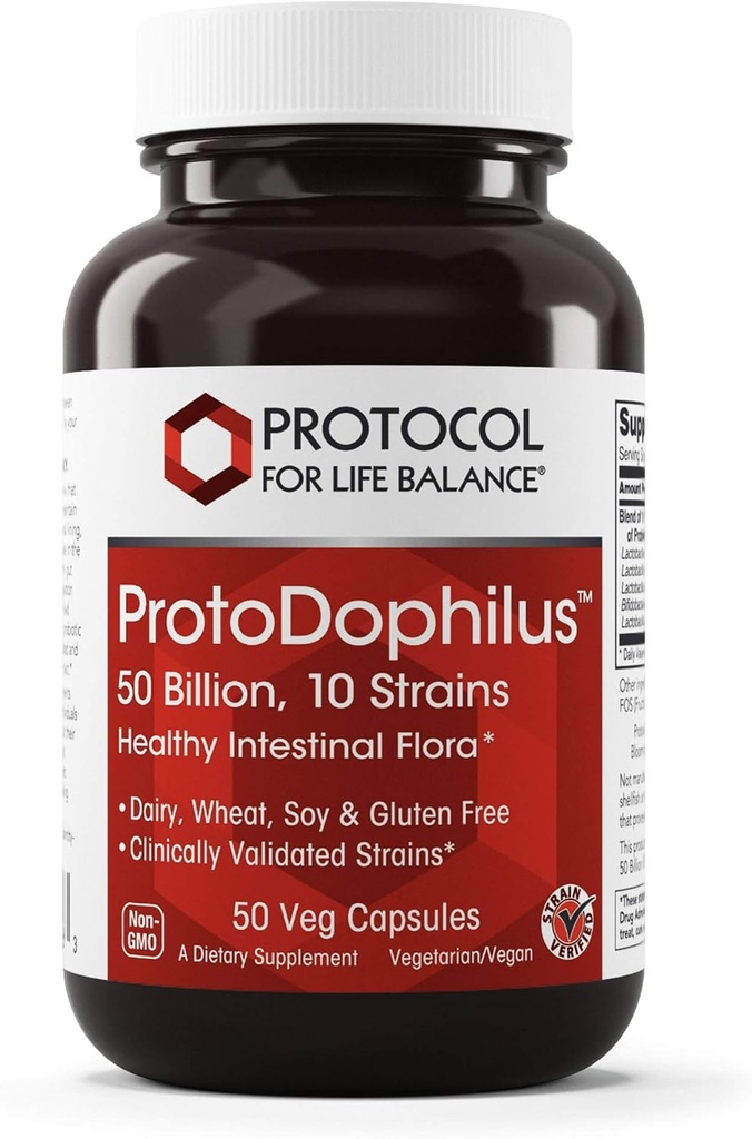 PROTOKOL FOR LIV BALANCE - ProtoDophilus - 50 Millioner, 10 Stammer - Sund intestinal Probiotisk Flora til støtte fordøjelsesfunktion og immunforsvar - 50 Veg kapsler