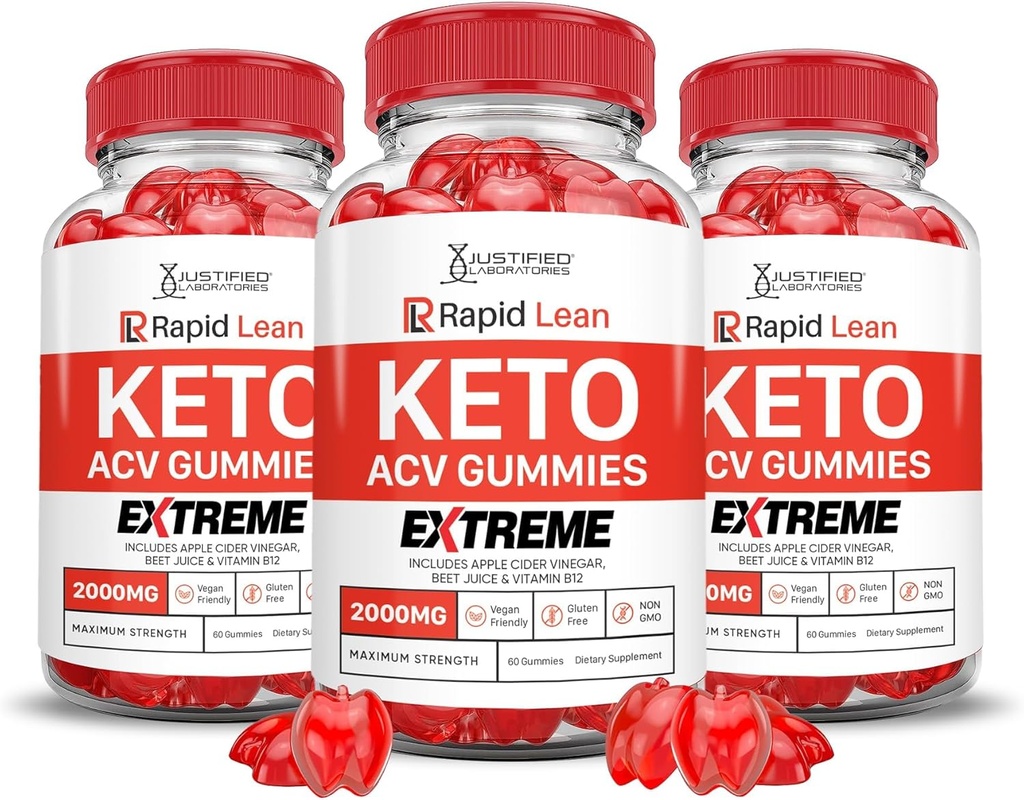 Justified Laboratories (3 Pack Rapid Lean Keto ACV Gummies Extreme 2000MG Rapid Lean Keto Gummies Apple Cider Vinagar Formuleret med Pomegranate Beet Juice Powder B12 Vegan Non GMO 180 Gummys