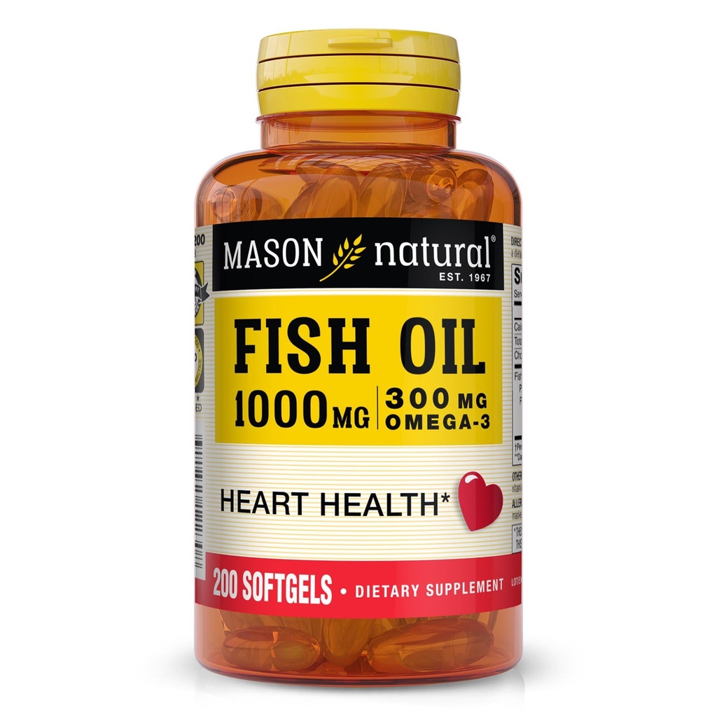 MASON NATURAL Omega, 3 Fish Oil, 200, Day Supply, 1000 mg med EPA og DHA til fælles støtte, Softgel piller