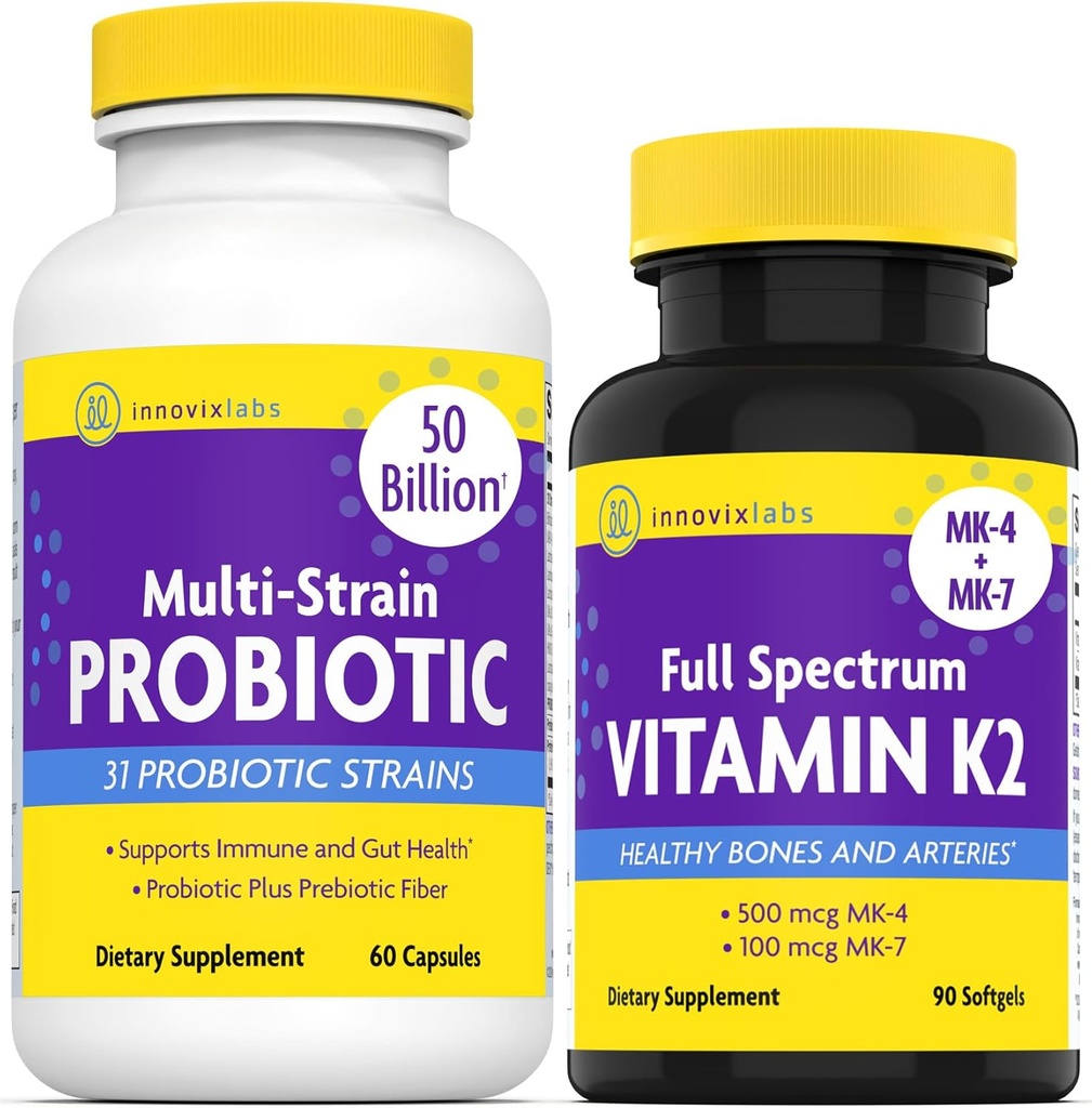 InnovixLabs Vitamin K2 & Probiotisk Bundle Fuld Spectrum Vitamin K2 (90 Softgel kapsler) Multi- Strain Probiotic (60 Time- Release kapsler). Understøtter knogler, immunforsvar og sund Gut. *