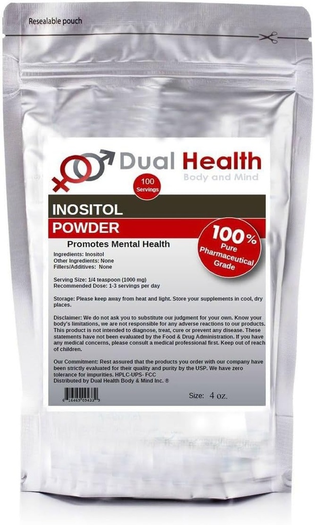 Dual Health Body & Mind Inositol Powder (4 oz) Pure Vitamin B8 Antioxidanter Bulk Kosttilskud 1000mg per servering