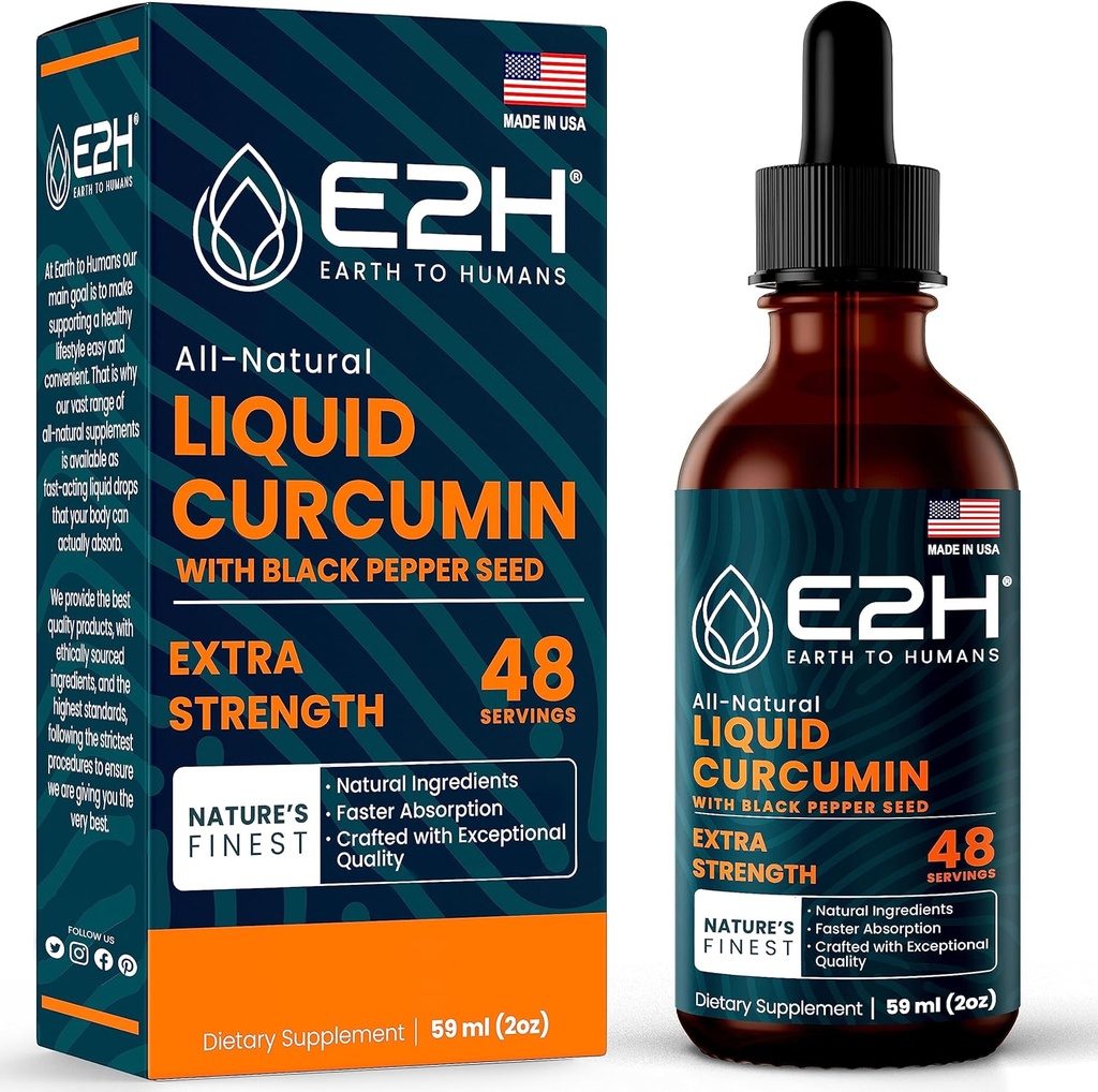 E2H Flydende gurkemeje Curcumin for bedre Absortion - Natural Joint Support - Gurkemeje Root Extract med Black Pepper Seed - Boost Your Health - Vegan - Non- GMO - 2 Fl Oz