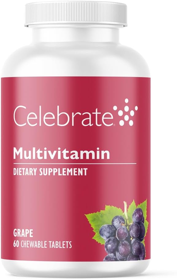 Celebrere Vitamin Bariatric Multivitamin Chewable, Iron Free - Post Gastric bypass & Sleeve Gastrectomy Supplement for mænd & kvinder - Essential Minerals & Vitamin A, B, D & E - Grape (60 tabletter)