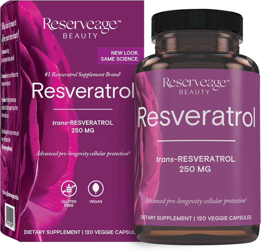 Reserveage Skønhed, Resveratrol 250 mg, Antioxidant supplement til hjerte og cellulær sundhed, understøtter sund aldring og immunsystem, Paleo, Keto, 120 kapsler