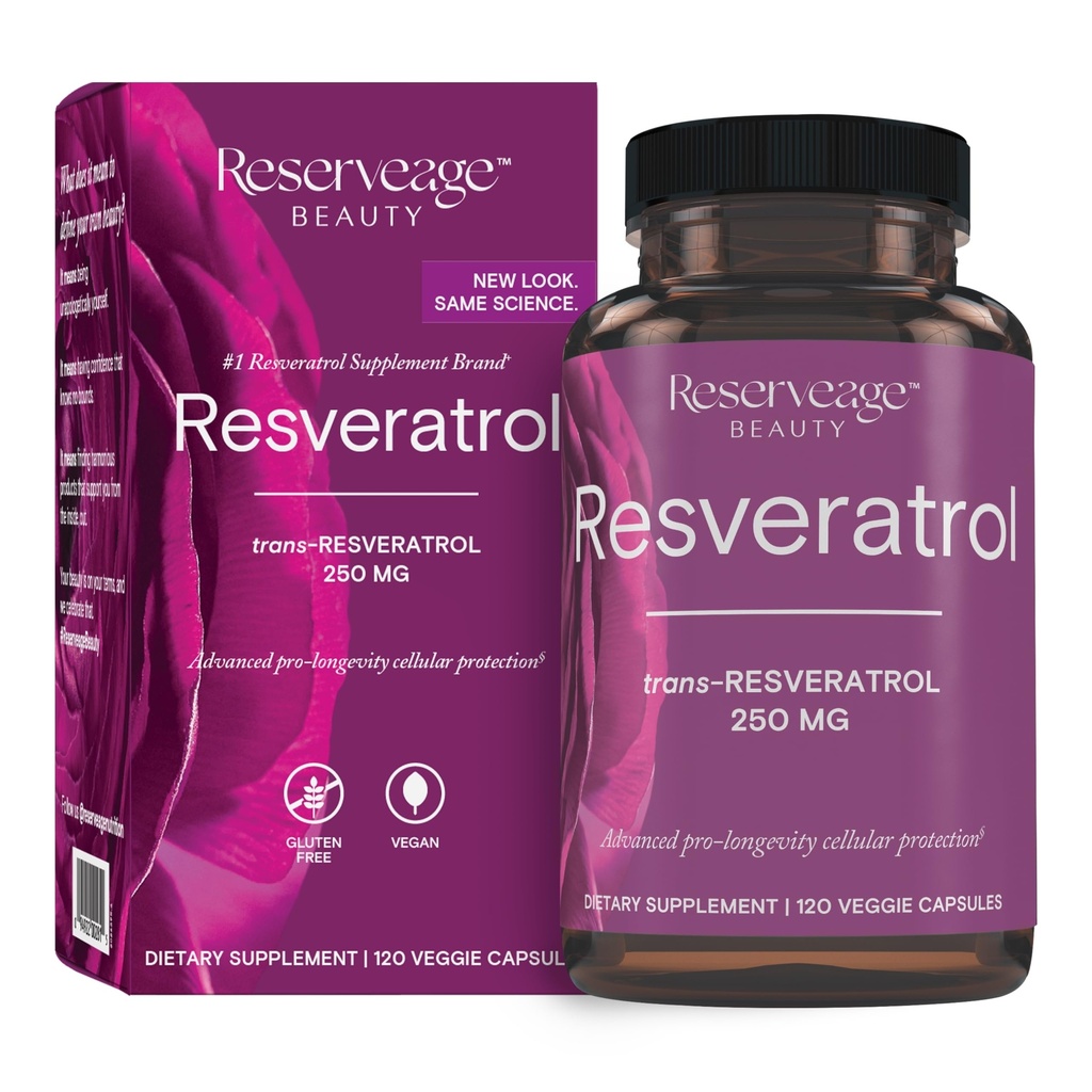 Reserveage Skønhed, Resveratrol 250 mg, Antioxidant supplement til hjerte og cellulær sundhed, understøtter sund aldring og immunsystem, Paleo, Keto, 120 kapsler