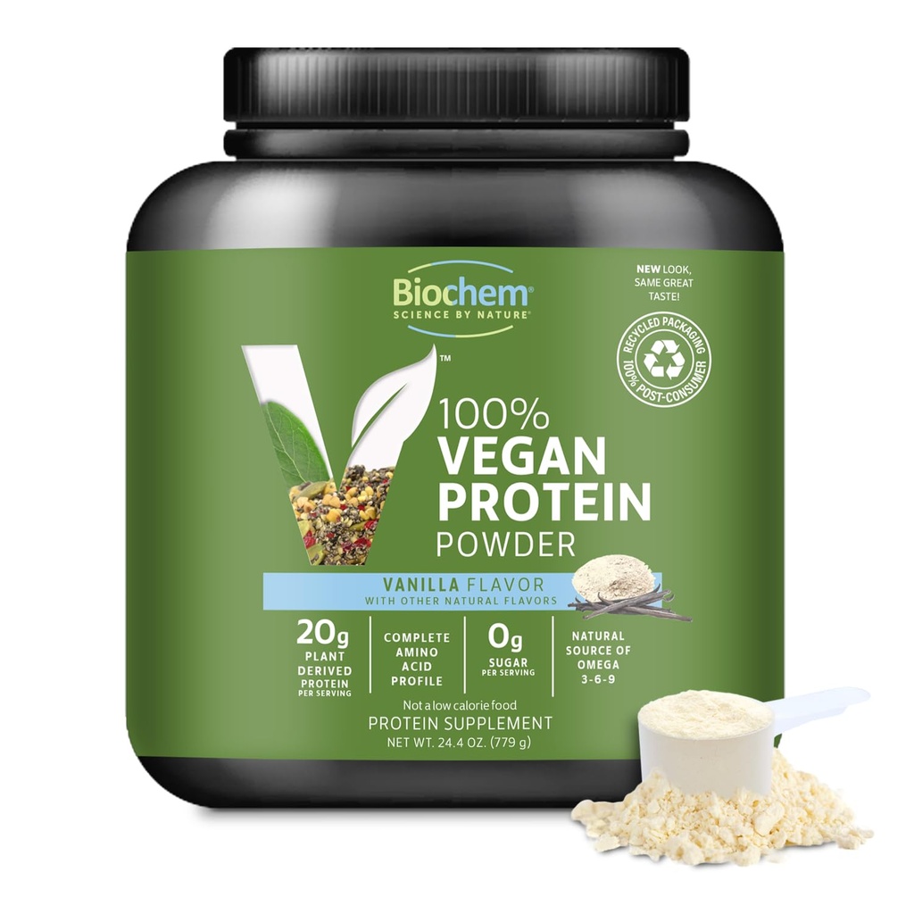 Biochem Vegan Protein Powder, 20g Pure Plant- baseret protein per servering, Organic Pea, Hamp & Cranberry, Soy- Free, Gluten- Free, Vanilla, 1,5 LB