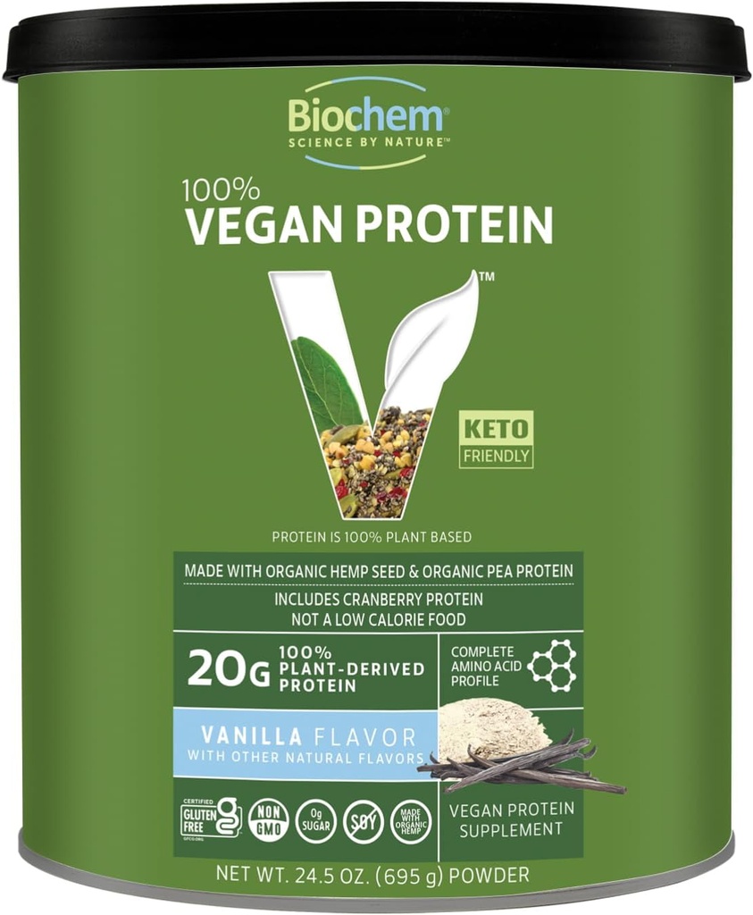 Biochem Vegan Protein Powder, 20g Pure Plant-Based Protein per Serving, Organic Pea, Hemp & Cranberry, Soy-Free, Gluten-Free, Vanilla, 1.5 lb