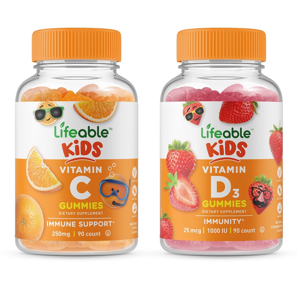 Lifeable D-vitamin Kids + C-vitamin Kids, Gummies Bundle - Great Tasting, Vitamin Supplement, Gluten Free, GMO Free, Chewable Gummy