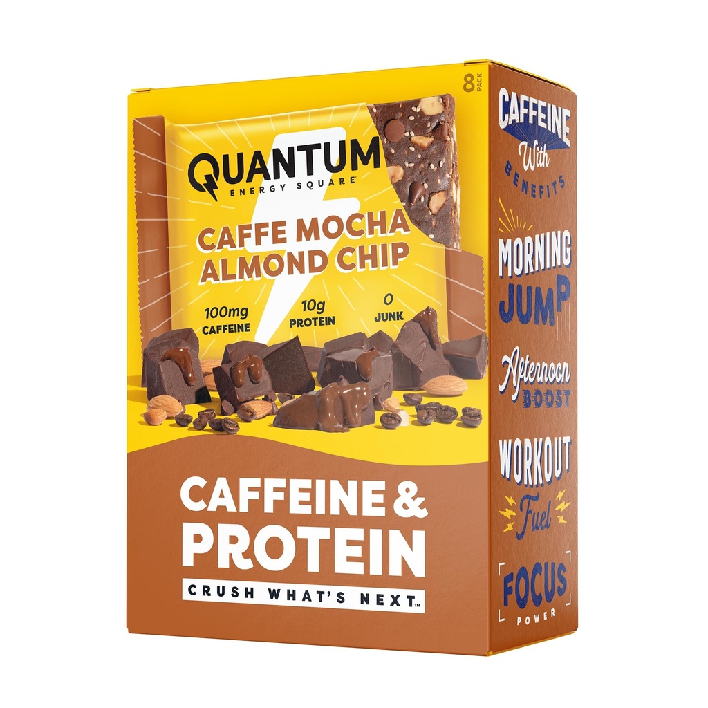Quantum Energy Square: Energibar med koffein & 10g protein. Lækker sund snack på farten. (Vegansk, Glutenfri, Soy- fri, Dairy- fri) (Caff Mocha Almond Chip)