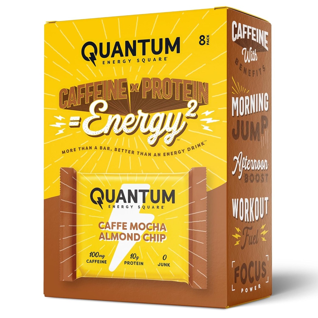Quantum Energy Square: Energibar med koffein & 10g protein. Lækker sund snack på farten. (Vegansk, Glutenfri, Soy- fri, Dairy- fri) (Caff Mocha Almond Chip)