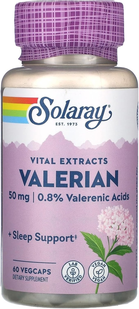 SOLARAY Valerian Root Extract 50 mg 1 124; Afslapning Støtte til en sund søvn cyklus 1 124; 0, 8% Valerensyre 1 124; 60 CT