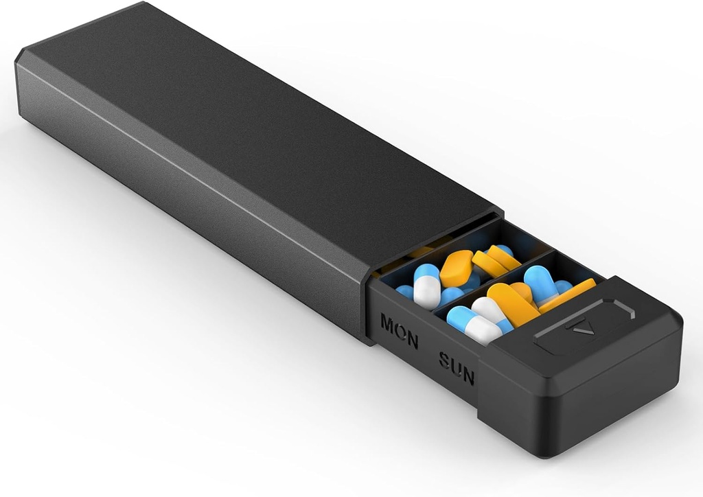 HEILING Pill Organizer med aluminium Shell til en uge Kapacitet, Portable 7 kompartmenter Pill Box Container til at holde Vitamin, Medicin, Kosttilskud