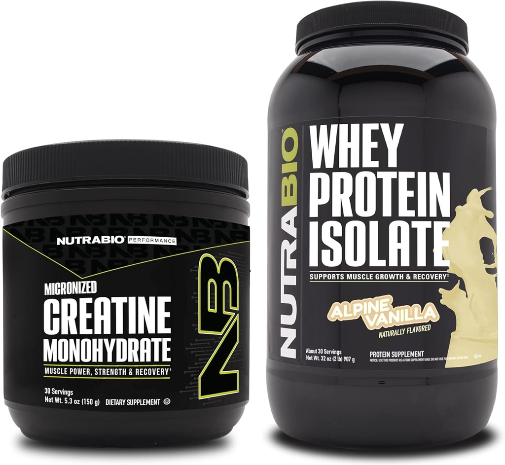 Nutrabio Creatin monohydrat, Unflavored, 150g og Whey Protein Isolate, Alpine Vanilla, Supplement Bundle - Muskelenergi, Lean muskelvækst, Inddrivelse, og styrke