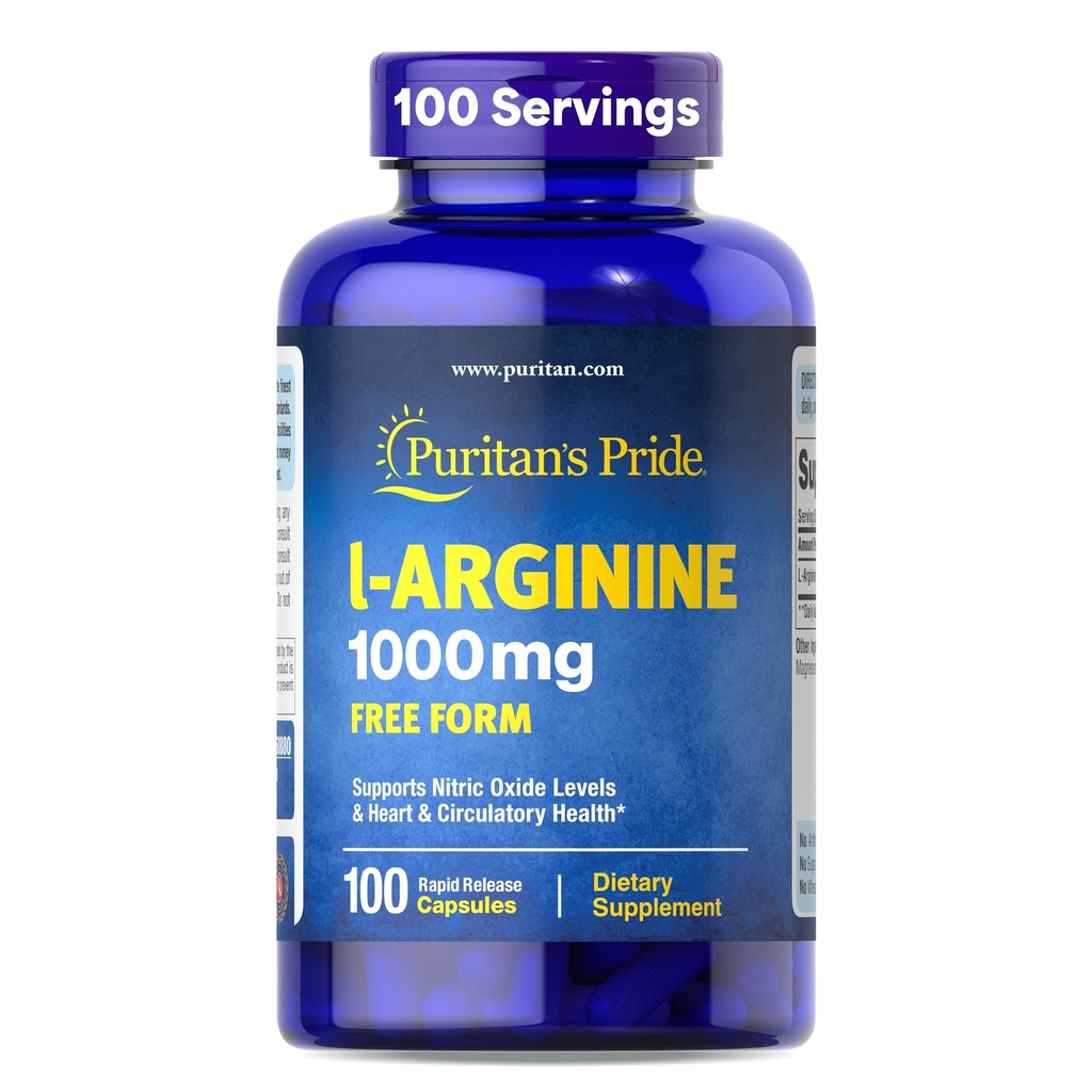 Puritans Pride L- arinine 1000mg, Kosttilskud understøtter nitrogenoxidniveauer og hjerte og kredsløbsvarme, 100 dages forsyning, 100 tabletter